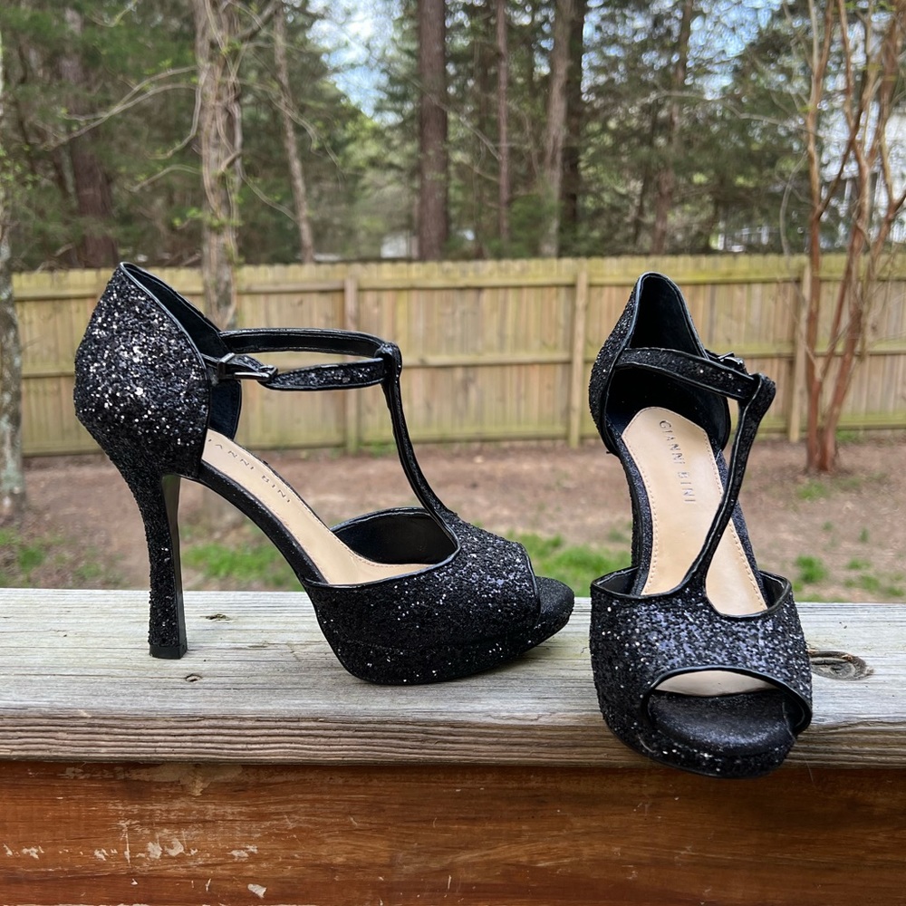 GIANNI BINI Open Toe Black Platform Sparkle Glitter Heels Women’s 7.5